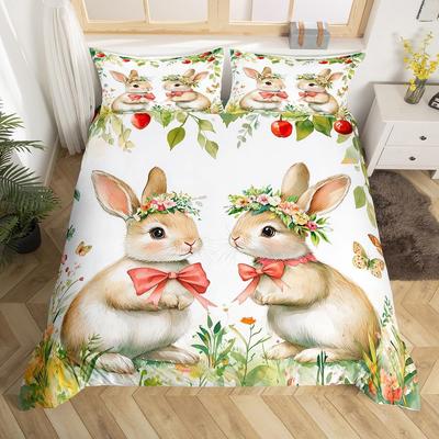 Kawaii królik domowy komplet poszewek na kołdrę Full King Wiosenne botaniczne liście pościel Wielkanocne króliczki Para kokardka nadruk poszewka na kołdrę