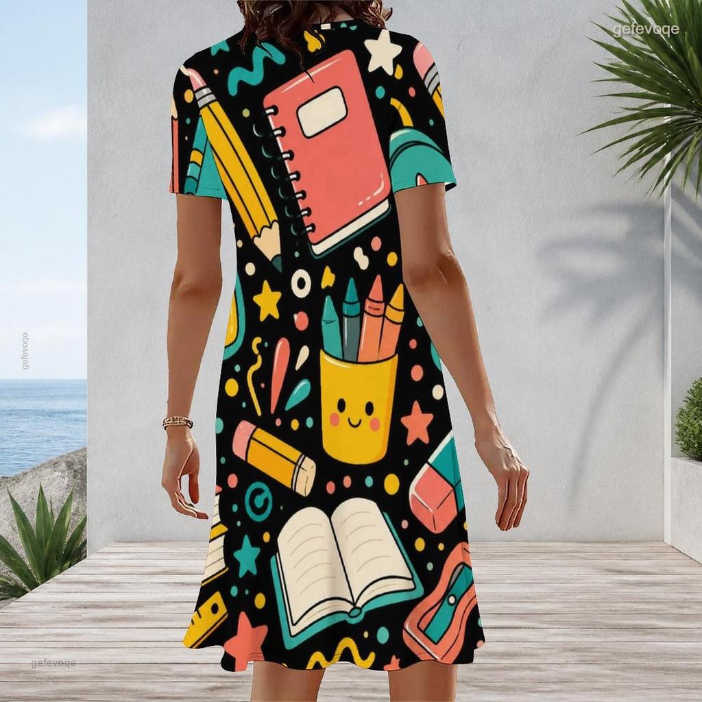Women Plus Size Round Neck Short Sleeve Cartoon Excavator Printed A Line Dress