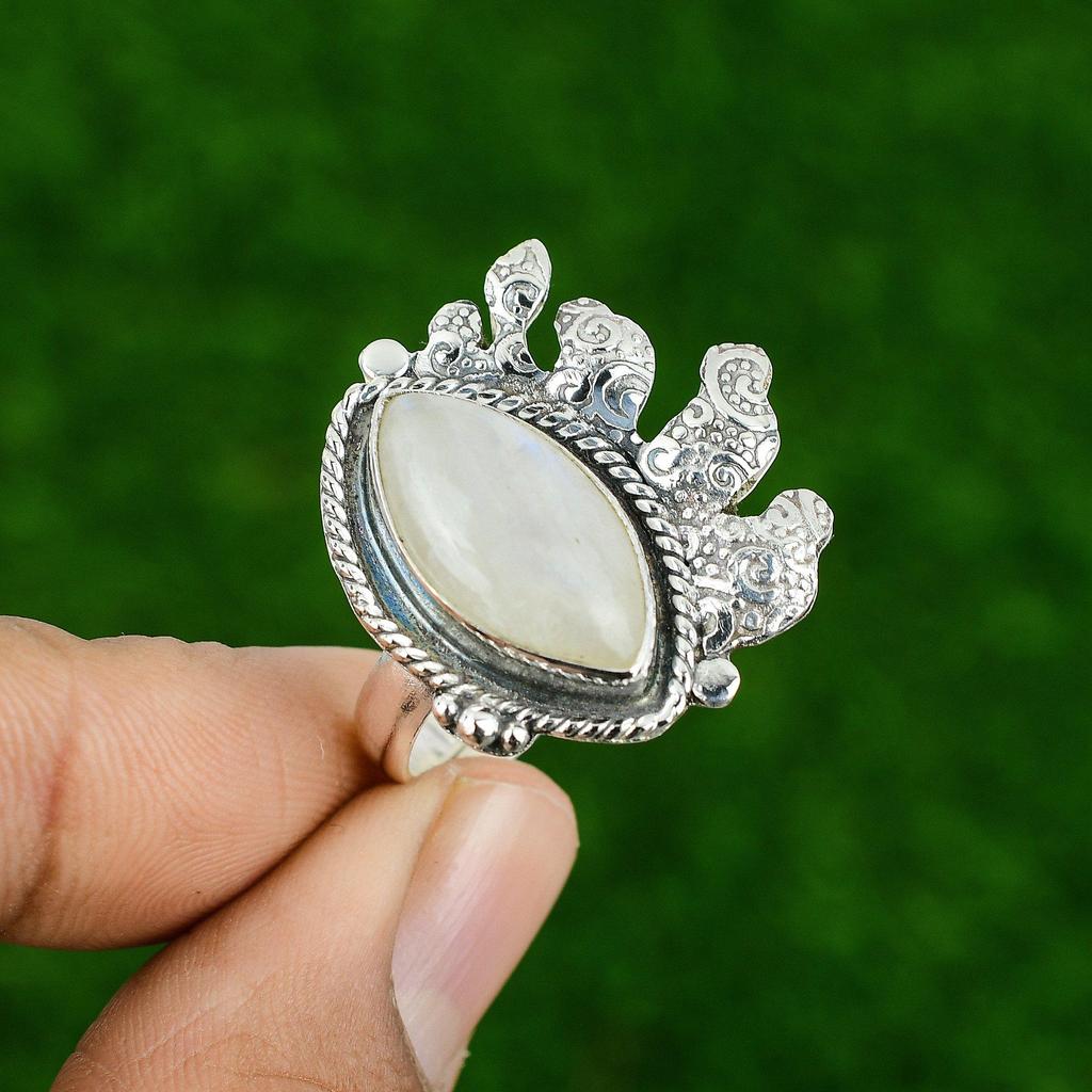 Natural Rainbow Moonstone Gemstone Multi Stone Adjustable Ring 925 Silver