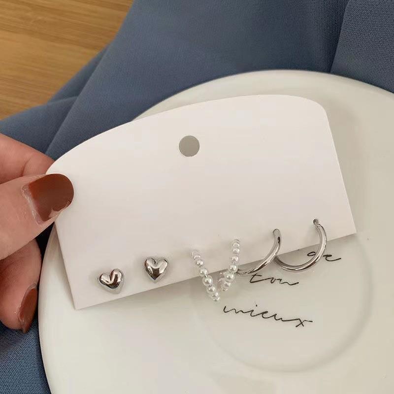 Dark Style Japanese & Korean Heart Stud Earrings & Ear Cuffs Set - Chic, Sweet, Trendy Six-Piece Jewelry for Cool, Spicy Girls