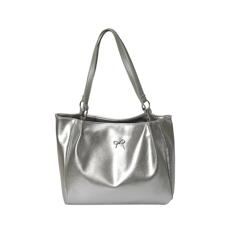 Color Simple Solid Bow Decoration Large Capacity Women Casual Tote Bag For Daily