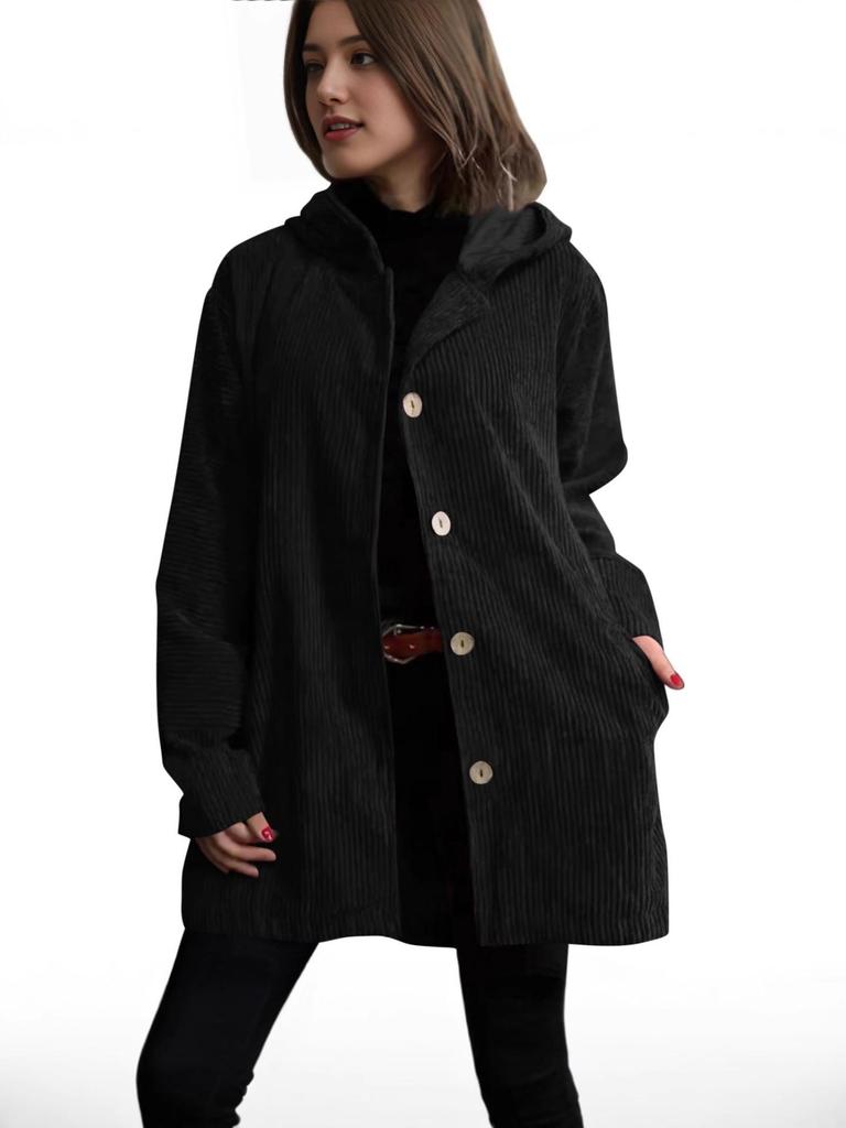 2025 Women's European & American Corduroy Hooded Loose Casual Cardigan Jacket