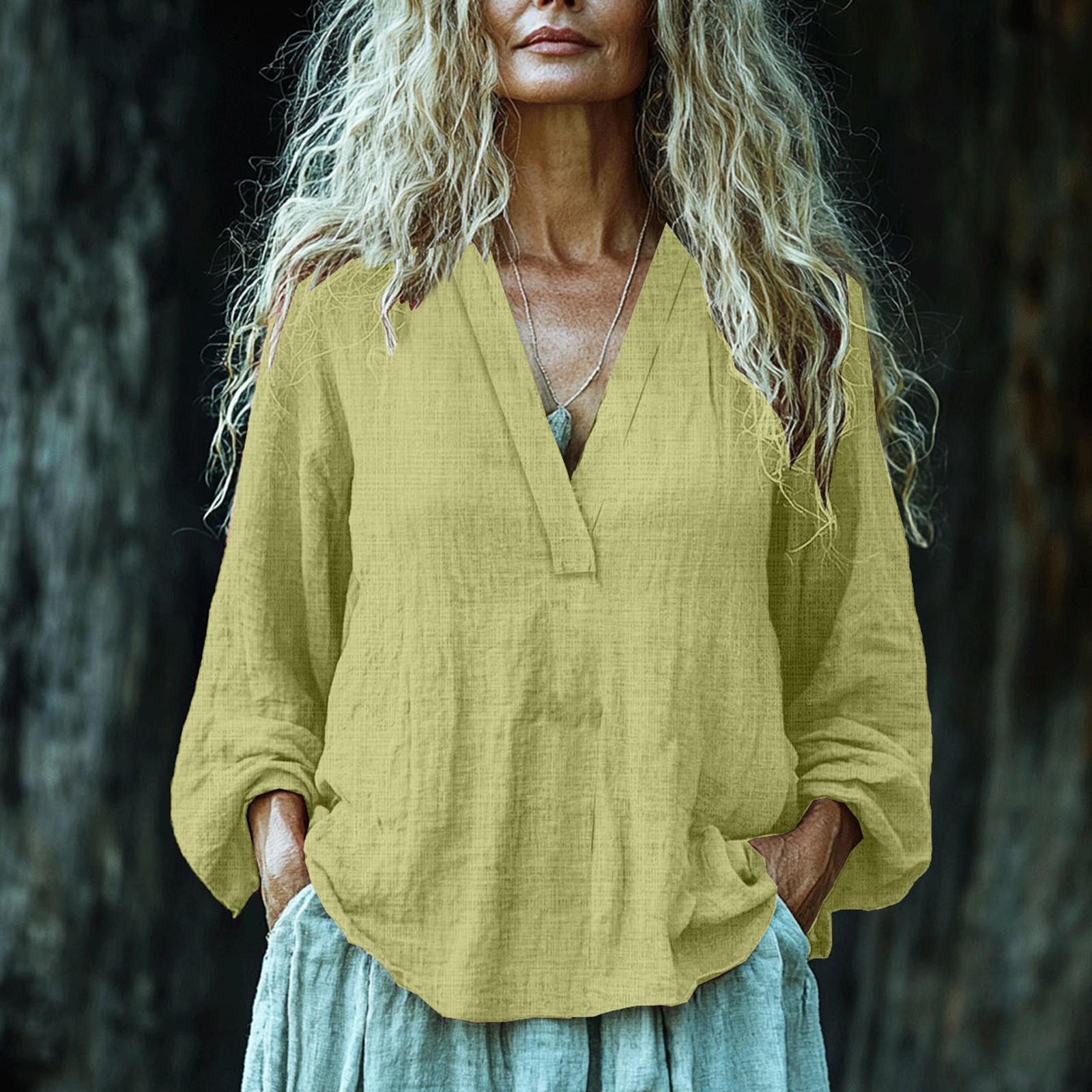 

Women s Fashionable And Casual Solid Color V-neck Long-sleeved Cotton And Linen Shirt Top XL