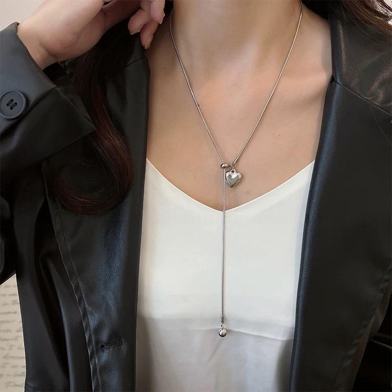 Trend Heart Pendant Drawstring Necklace For Women Korean  Long Adjustable Sweater Chain Aesthetic Jewelry Accessories