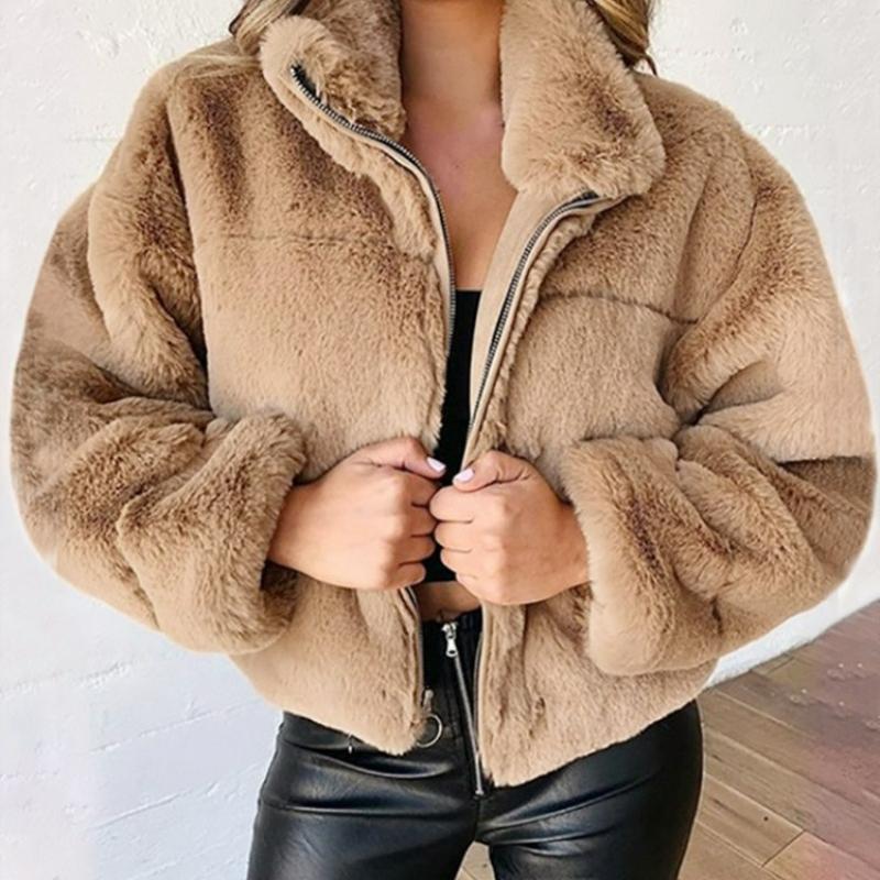 Herbst Winter Kurzer Kunstpelzmantel Damen Super Mode Sexy Umlegekragen Dicke Plüschjacken Damen Slim Outwear