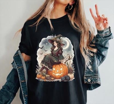 Halloween Schwarze Katze Mond T-Shirt | Kürbis, Fledermäuse, Hexennacht