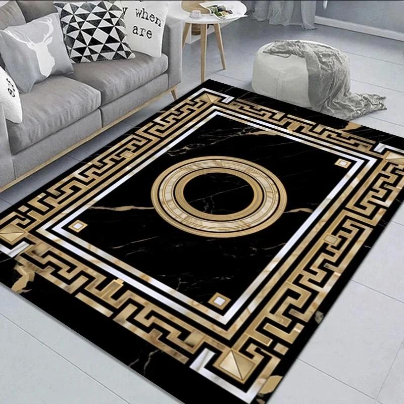 Elegant Black Gold Marble Rug Decorative Carpet for Living Room Large Area Floor Mat Non-slip Doormat for Hallway Balcony