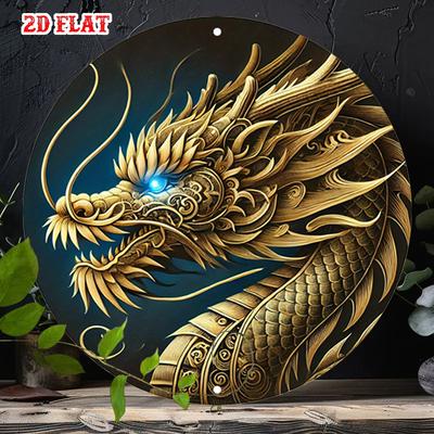 D-Moll Goldener Drache Metallschild Chinesisches Östliches Mythisches Tier Wandkunst Leuchtendes Auge Antike Dekoration Retro Zinnschild für Zuhause