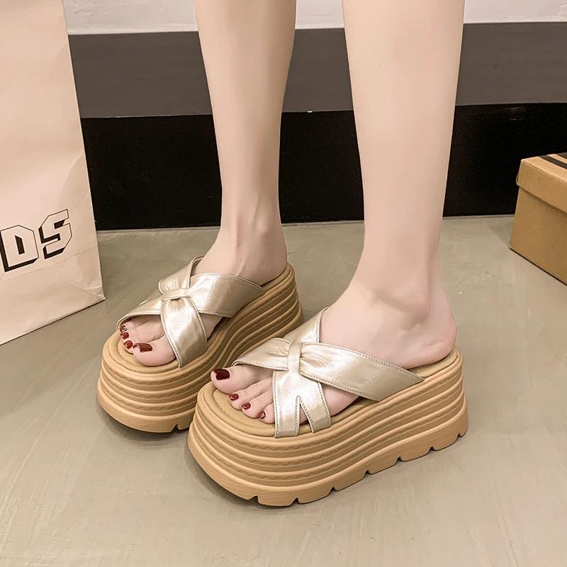Fashion 8CM Women Summer Leather Chunky Slippers High Platform Flip Flops Wedge Heels Slides Sweet Girl Sandals Open Toe Beach Slippers