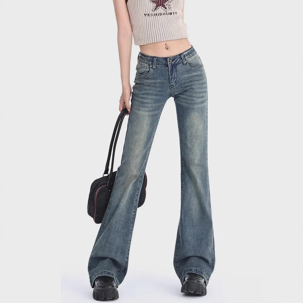 Women's 2024 American Retro Low-Waist Flared Jeans - Slim Fit, Wide Leg, Elastic, Mopping Style