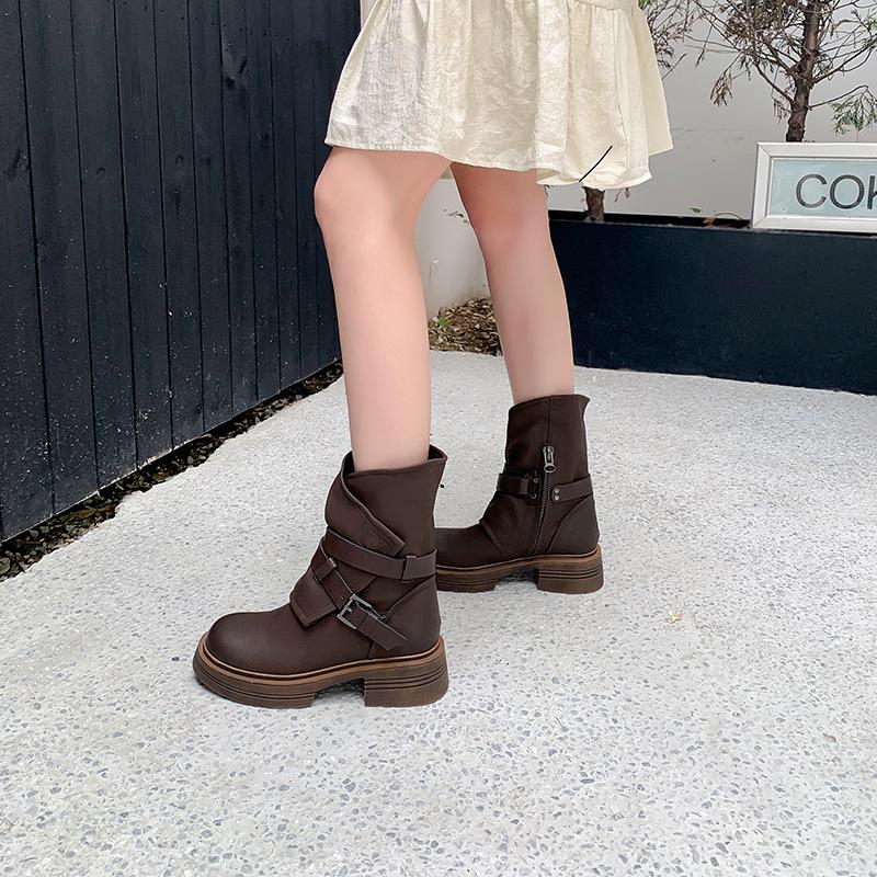 Leather side zipper platform Martin boots autumn and winter new retro thick heel western cowboy boots brown women's short boots