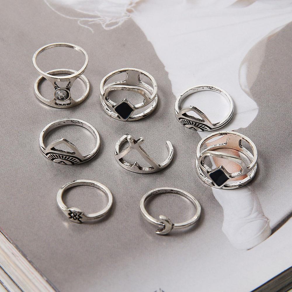 Vintage Bohemian Ancient Silver Moon Drip Oil Rhombus Cross Double Layer Ring Totem 8-Piece Ring Set
