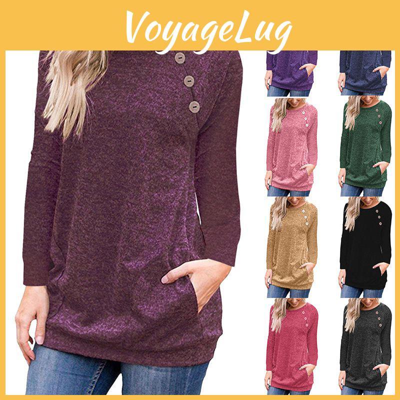 Versatile Women's Casual Long Sleeve Pullover Sweater With Stylish Button Decoration