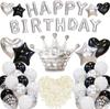 Black and Silver Valentine's Day Balloon Set, Happy Birthday Aluminum Film Star Crown Balloon Simulation Rose Petal Confession