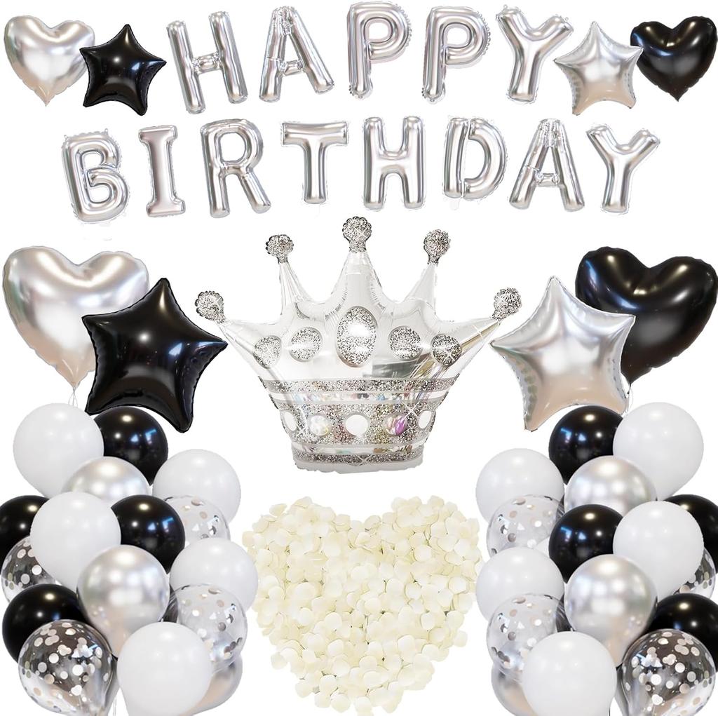 Black and Silver Valentine's Day Balloon Set, Happy Birthday Aluminum Film Star Crown Balloon Simulation Rose Petal Confession