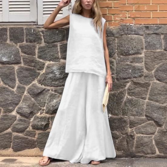 2-teiliges Sommer-Outfit für Damen, ärmelloses Tanktop und Hose mit weitem Bein, lässiges Lounge-Set aus Leinen und Baumwolle, passendes Strand-Set