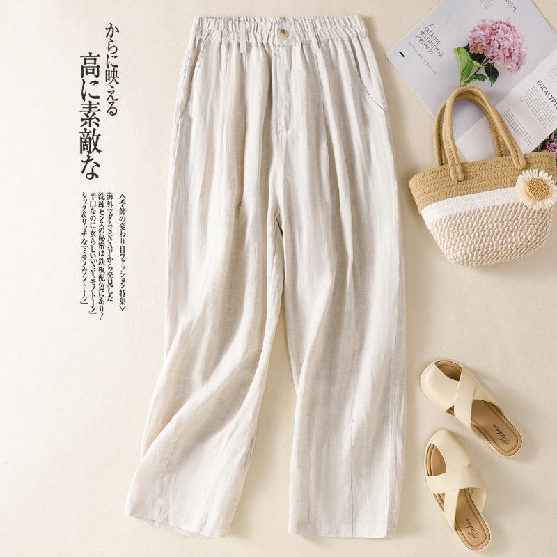 Real Shot Summer New Cotton and Linen Large Size Literary Loose Casual Wide-leg Nine-point Pants Women's Clothing