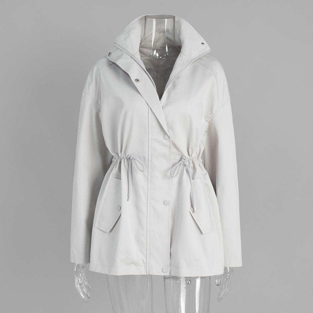 Women's Stand Collar Mid Length Trench Coat Drawstring Waist Solid Color 100 Cotton Windbreaker Jacket