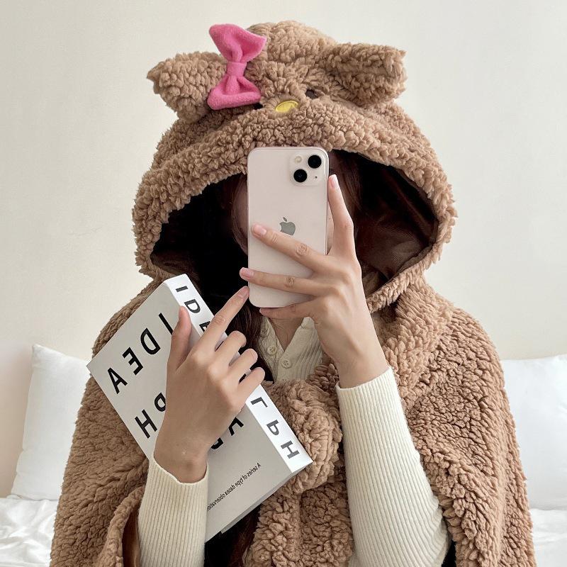 2024 Cute Cartoon Bear Hooded Shawl Blanket - Cozy and Thick for Women