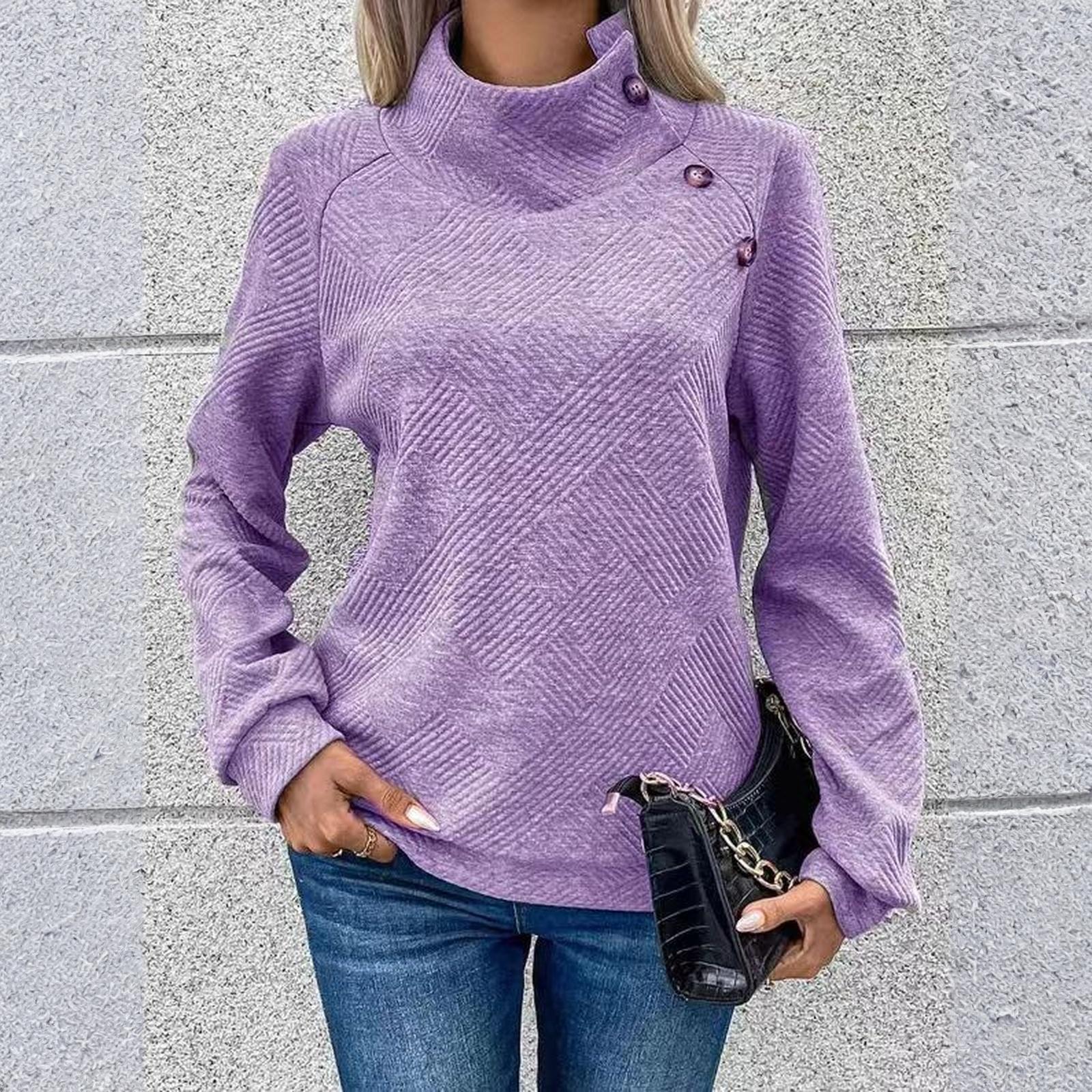 

Women s Casual Solid Color Slim Fit Sweater Textured Stand Collar Long Sleeve Top M фіолетовий