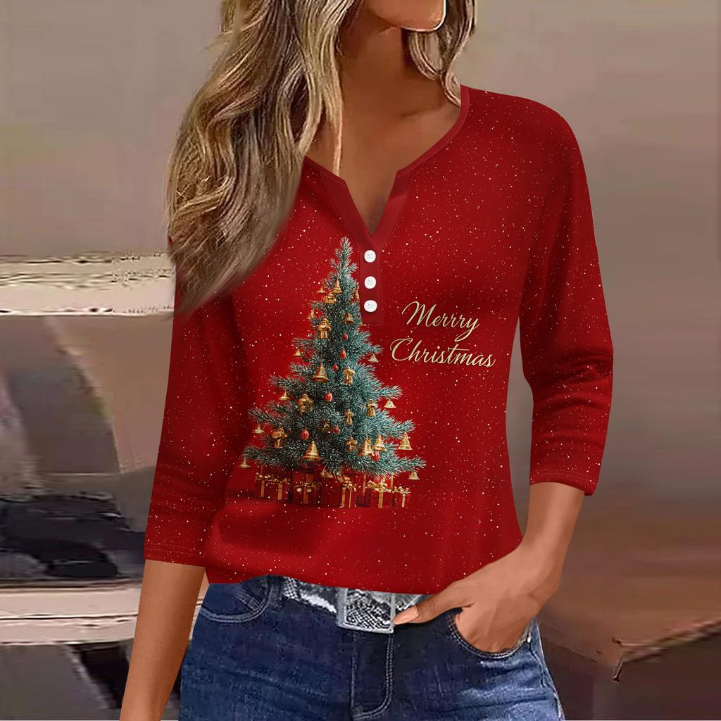 Women's Fashion Casual Christmas Tree Print V-Neck Decorative Button Three-Quarter Sleeve T-Shirt Top