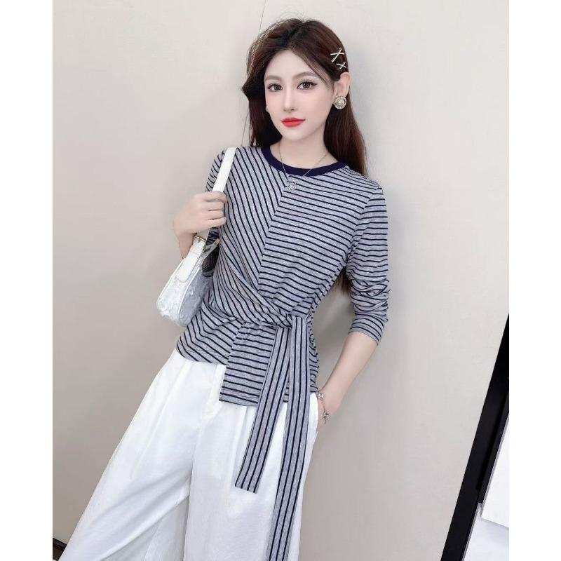 Autumn Korean Design Striped Lace-up Bow Contrast Color Long-sleeved T-shirt Is Versatile and Trendy