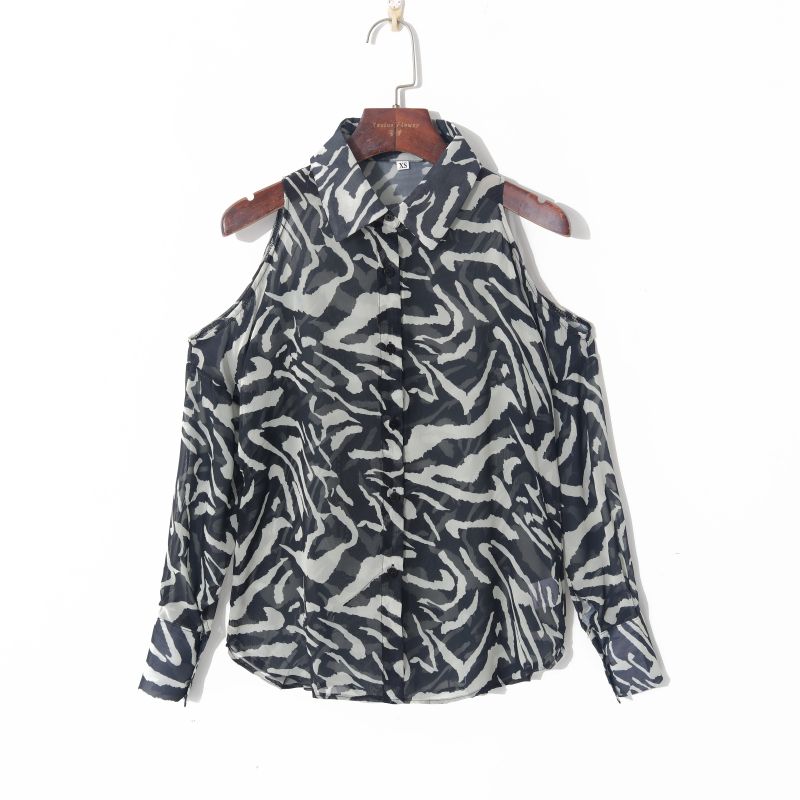 

Осень 2023 Женская одежда K-стиль Элегантный лацкан Однобортный Сексуальный без бретелей Длинный рукав Свободного кроя Легкая Тонкая Прозрачная рубашка Black Print S