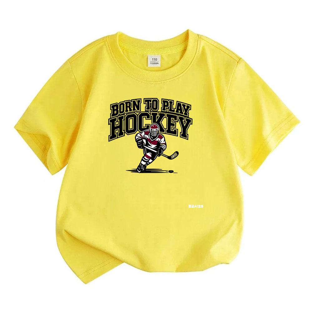 Kids Boys Girls 100% Cotton Crew Neck Short Sleeve T-Shirt, Born to Play Hockey Graphic Casual Tee for Ice Hockey Sport Loving Children, Soft Breathab