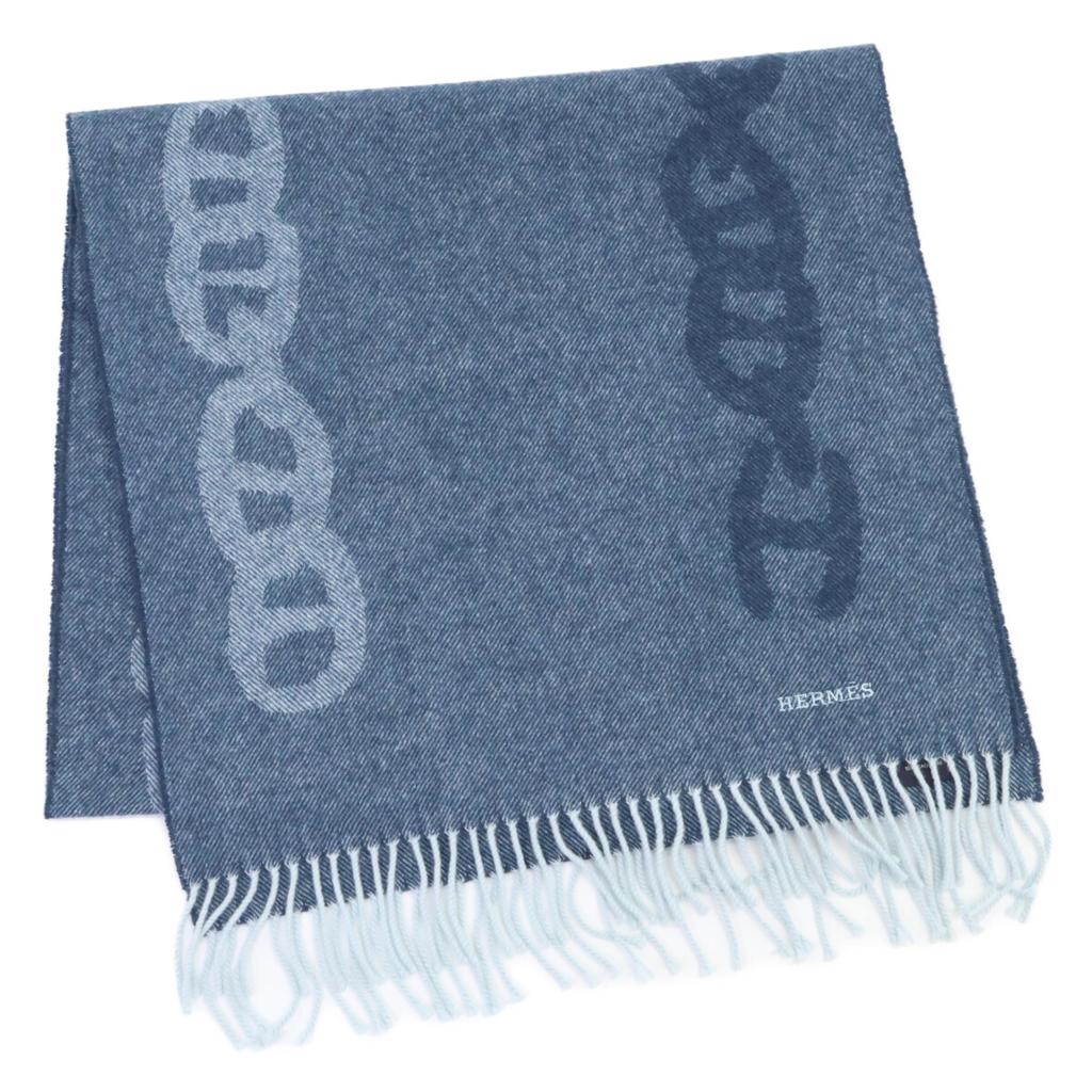 HERMES Logo Embroidery Crazy Chain Cashmere Fringe Scarf blueUsed