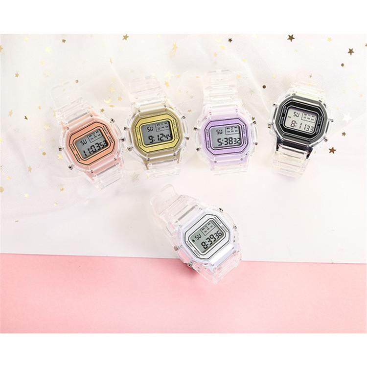 Waterproof Student Sport Digital Watch with Transparent Square Design and Luminous Alarm