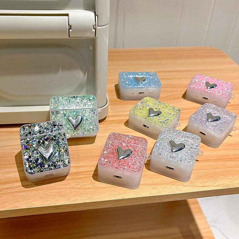 Square Bluetooth Headset Cover For Apple Airpods 4 Generation Glitter Sequins Airpods Pro Love Protective Case