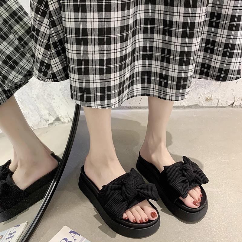 Black Bow-tied One-word Slippers for Women's Summer Wear, New Muffin Thick-bottomed Non-slip Design, Cool Slippers