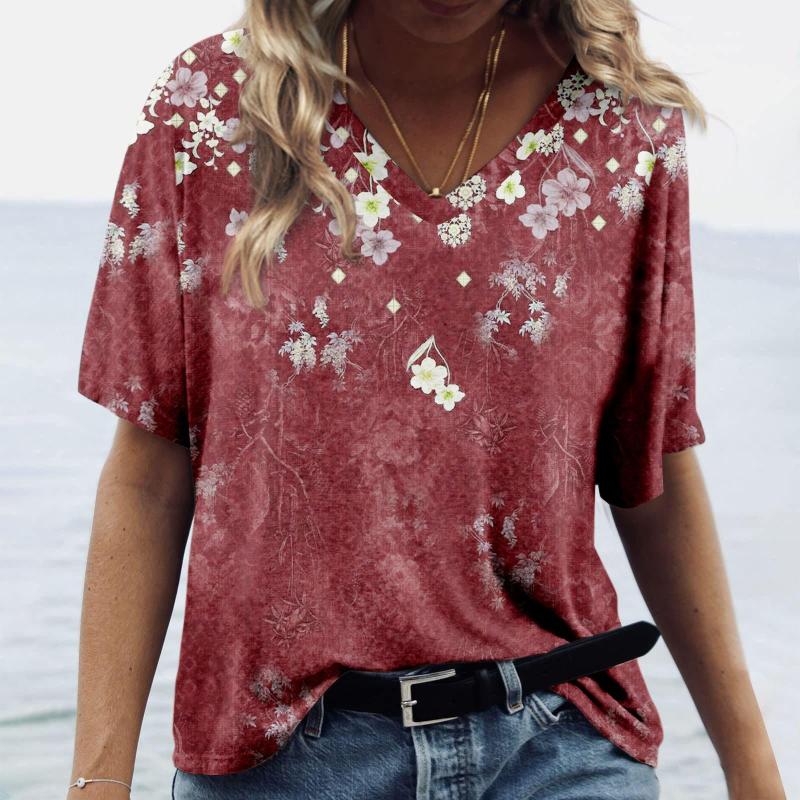 Summer Flower T-shirt Flower 3D Printed Women's V-neck Short Sleeve