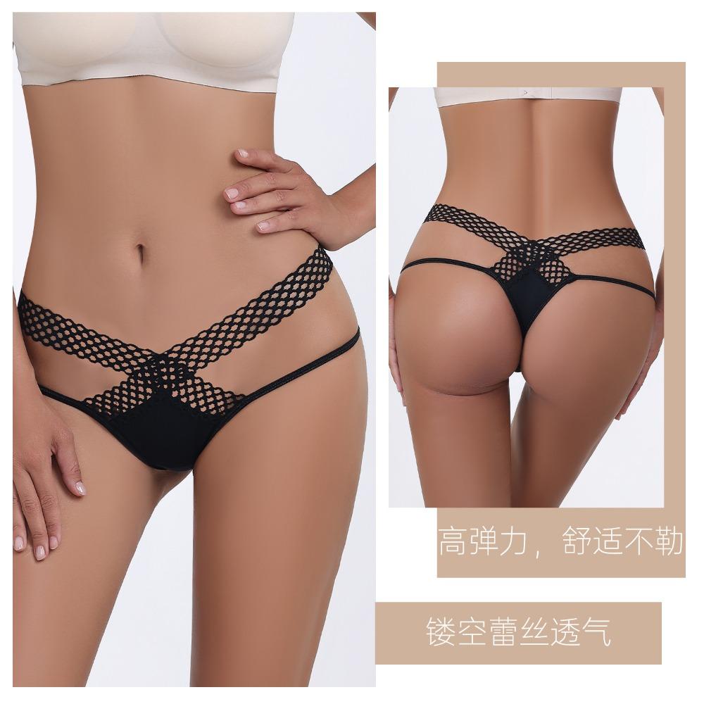European and American Interwoven Hollow Ice Silk Underwear Women's Sports Fashion Outer See-through Low Waist Thin Belt Temptation Sexy Thong