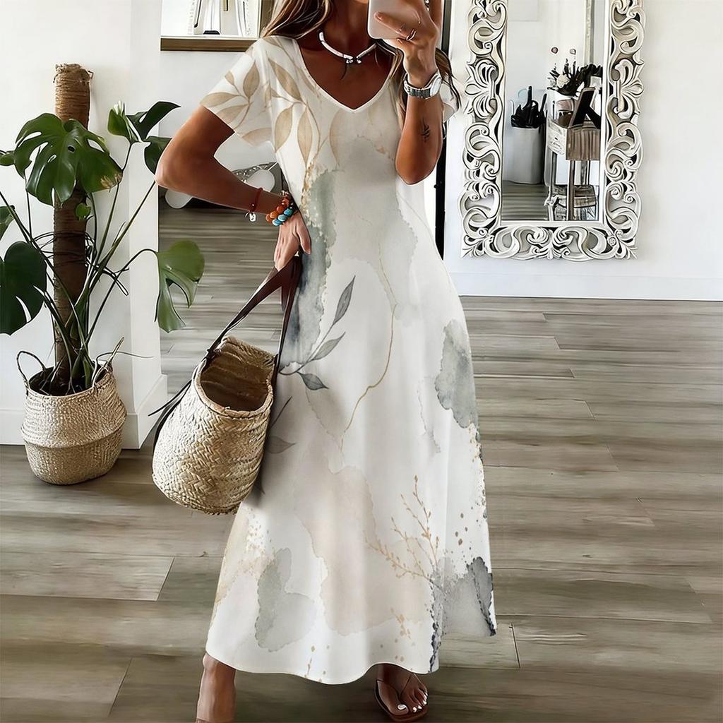 Women Plus Size V Neck Short Sleeve Abstract Printed Long Maxi Dress