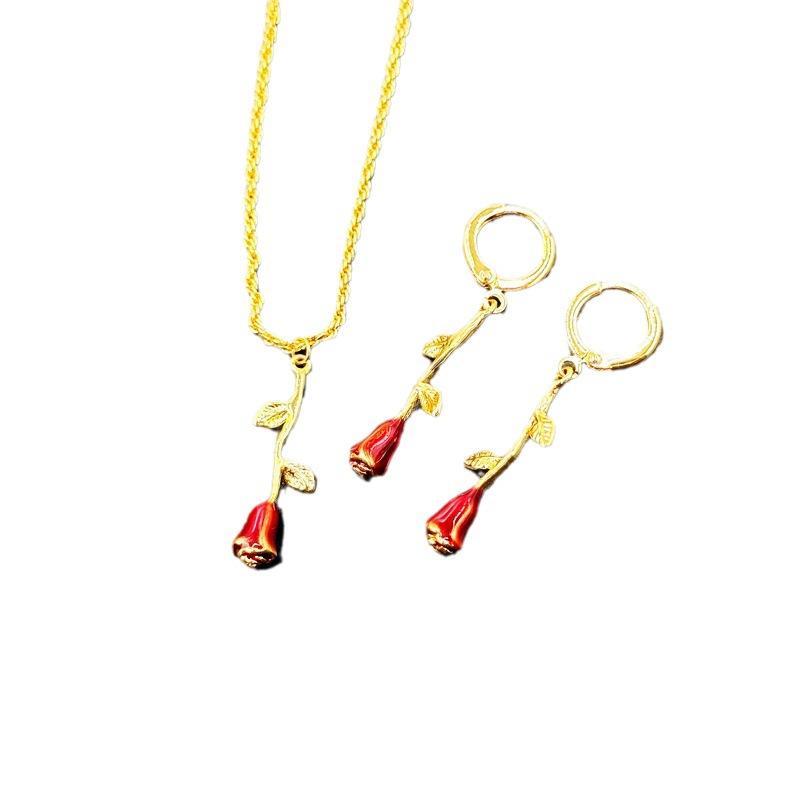 French Fashion Romantic Drop Glaze Rose Earrings Women'S Light Luxury Temperament Flower Necklace