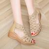 Sandals Women's Summer Slope Heel Roman Shoes Rhinestone Mid-heel Ladies Soft Sole Open Toe Fish Mouth Shoes