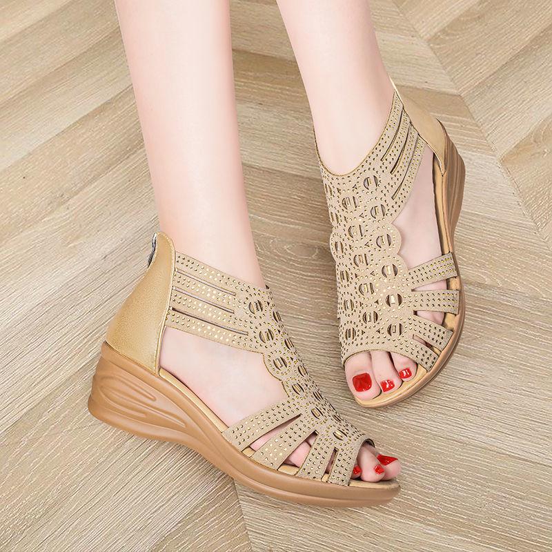 Sandals Women's Summer Slope Heel Roman Shoes Rhinestone Mid-heel Ladies Soft Sole Open Toe Fish Mouth Shoes