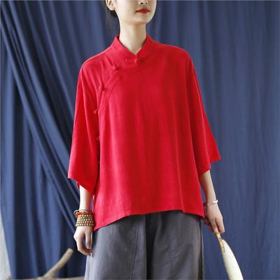 Spring Summer Women Vintage Collar Seven Point Sleeves Shirt Solid Color Shirt