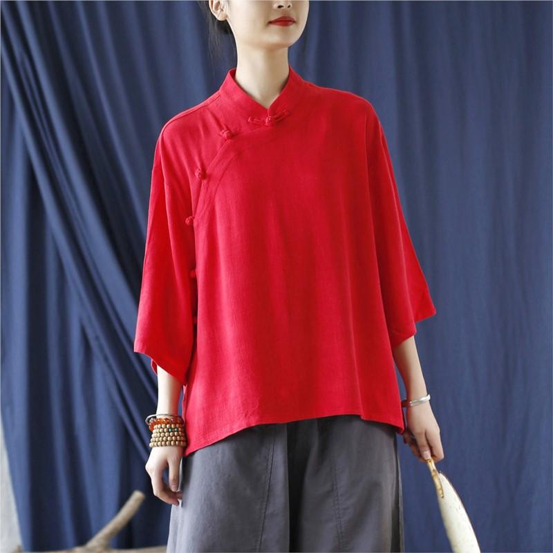 Johnature Spring Summer Women Vintage Collar Seven Point Sleeves Shirt Solid Color Shirt