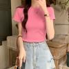Front Shoulder Pink Short-sleeved Cotton T-shirt Women's Summer New Spice Girl Tight-fitting Design Short Small Stand-up Collar Inner Top