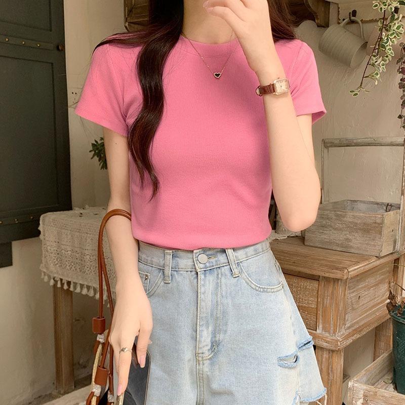 Front shoulder pink short-sleeved cotton T-shirt women's summer new Spice Girl tight-fitting design short small stand-up collar inner top