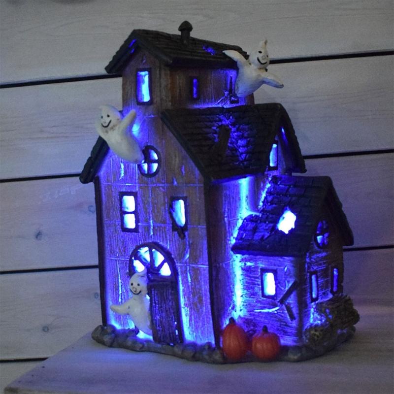 Halloween Light-Up House Ornament, Resin Building with White Figures and Gourd Motifs for Seasonal Display Scenes