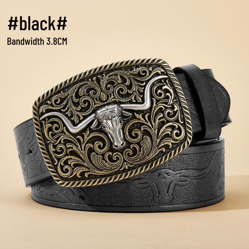 Men's Bull Head Western Leather Belt with Large Buckle