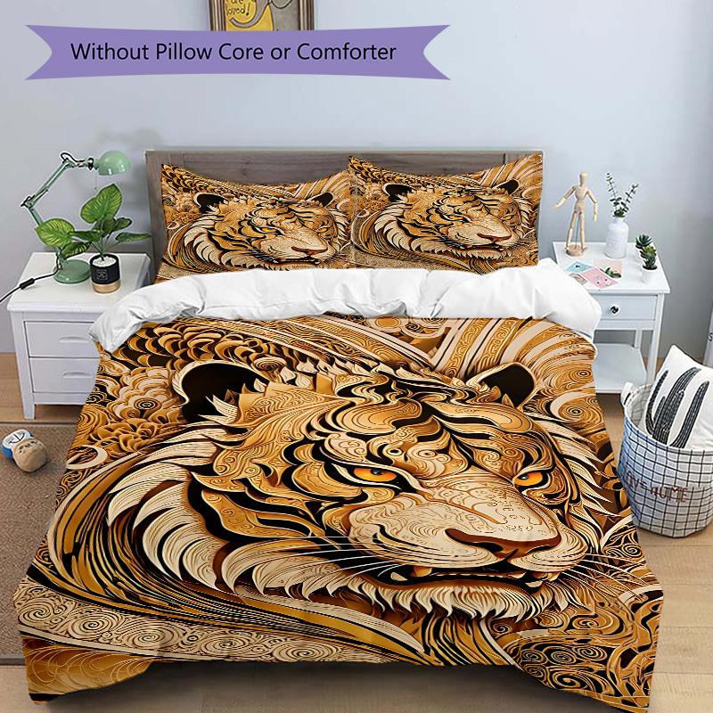 3pcs Tiger Art Print Duvet Cover Set - Machine Washable, Includes 1 Cover and 2 Pillowcases, No Core Included yy251013052