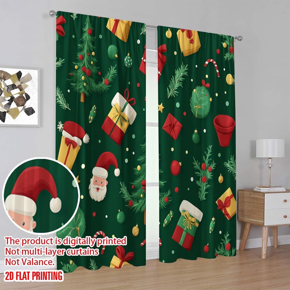 2pcs,2D Plane Printing Minimalist Curtains Christmas Tree Gift Present Holiday (3) Polyester Fabric (without Rod) Home Decor
