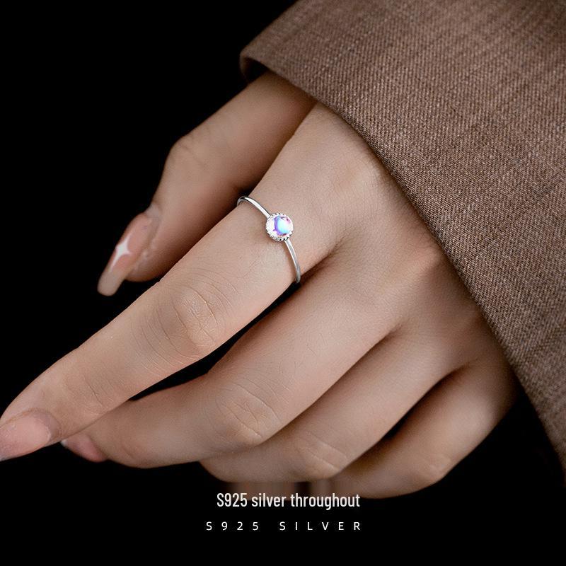 Banyan Tree S925 Silver Adjustable Moonstone Ring for Women – Colorful, Minimalist Design with Thin Round Beads