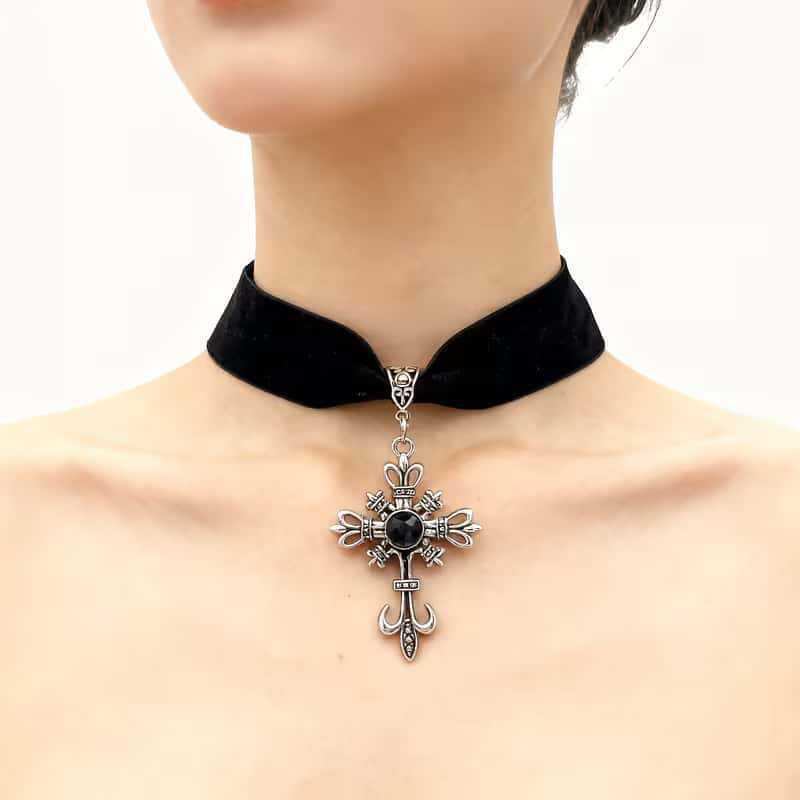 Gothic Dark Cross Ruby Necklace Choker Chain