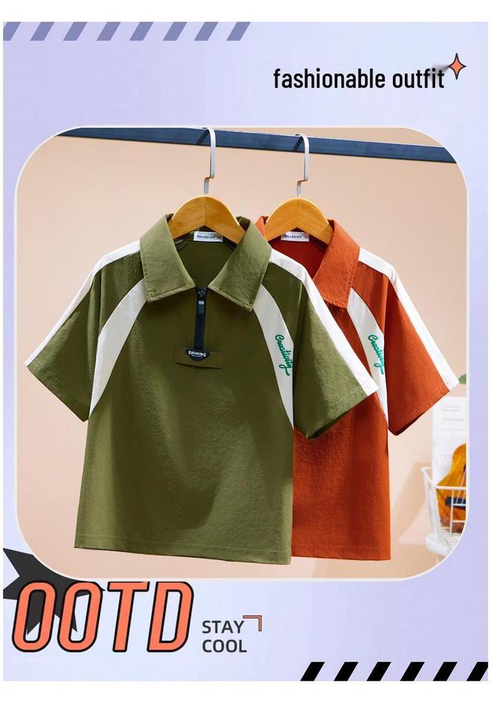 Children's Trendy Color Block Polo Shirt, Short Sleeve, Breathable Casual Top for Middle and Big Kids