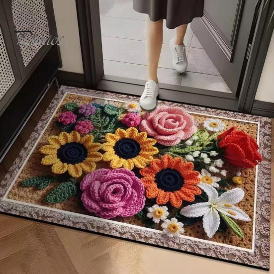 Absorbent Bath Mat Floor 3D Flower Pattern Bathroom Rug Highly Quick Door Friendly Dry Non-Slip Rubber Backing Kitchen Shower Laundry Room No Curl